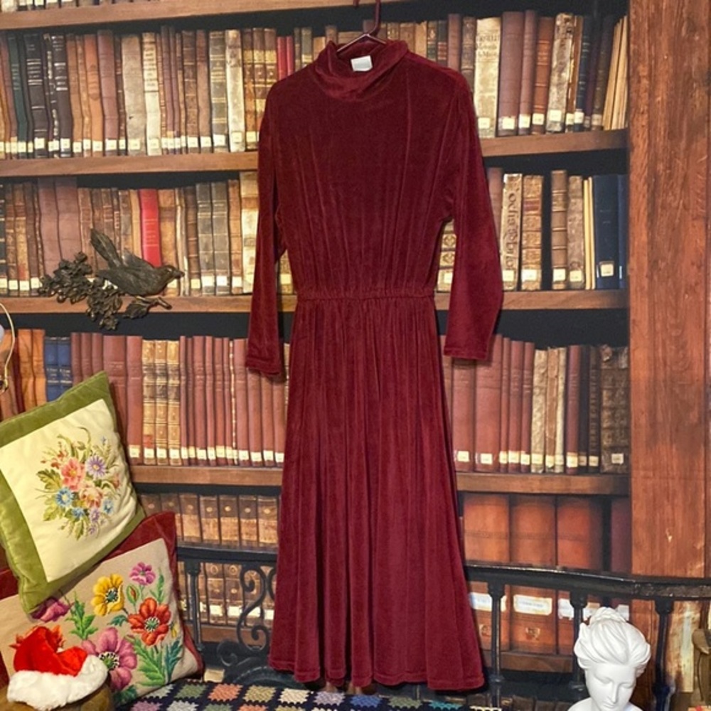 Vintage Spiegel Burgundy Velour Maxi Dress Pockets Size M